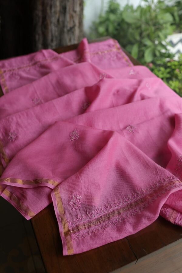Dark Pink Maheshwari Chikankari Unstitched Fabric - Image 11