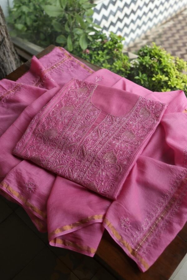 Dark Pink Maheshwari Chikankari Unstitched Fabric - Image 14