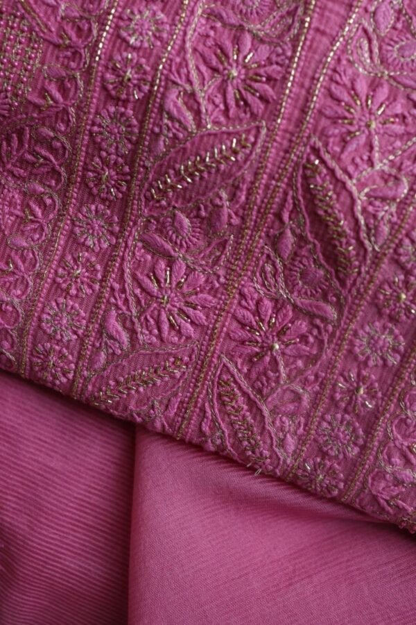 Dark Pink Maheshwari Chikankari Unstitched Fabric - Image 2