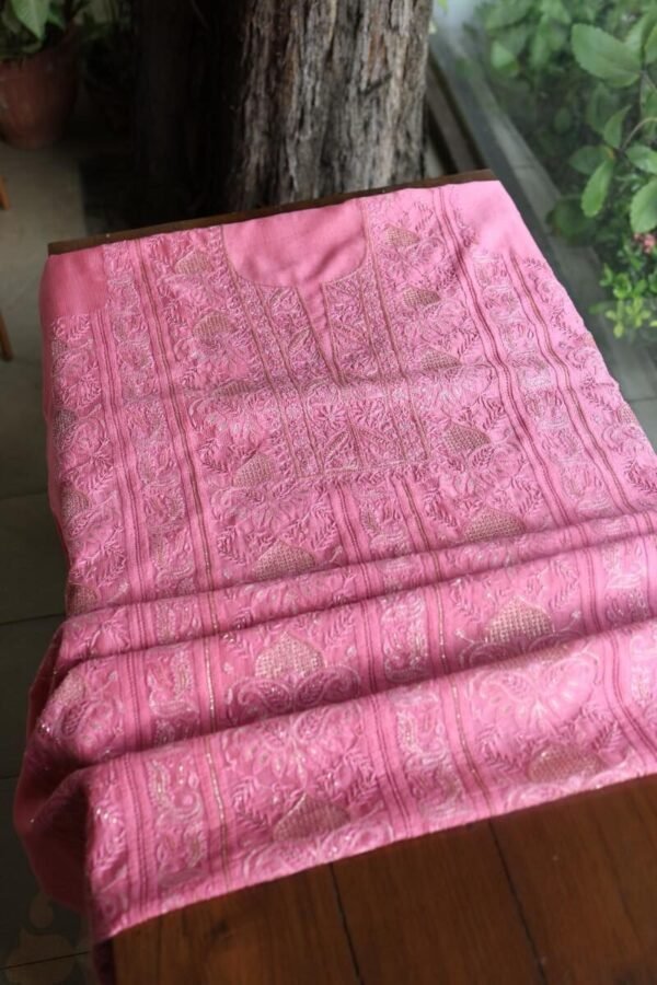 Dark Pink Maheshwari Chikankari Unstitched Fabric - Image 3