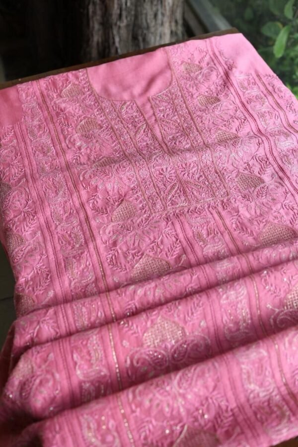 Dark Pink Maheshwari Chikankari Unstitched Fabric - Image 6