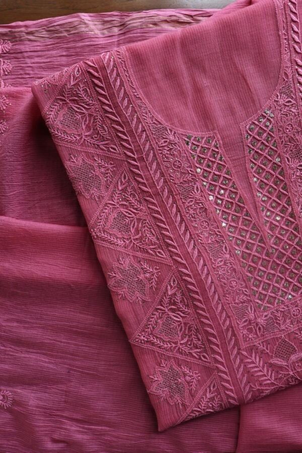 Dark Pink Mal Cotton Fine Chikankari With Kamdani Work Unstitched Fabric - Image 4