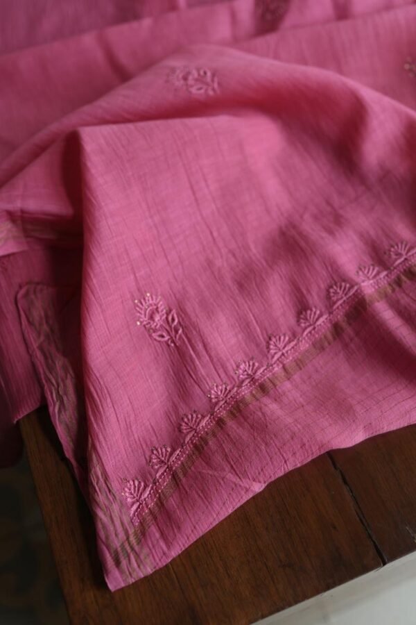 Dark Pink Mal Cotton Fine Chikankari With Kamdani Work Unstitched Fabric - Image 13