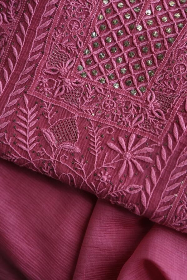Dark Pink Mal Cotton Fine Chikankari With Kamdani Work Unstitched Fabric - Image 2