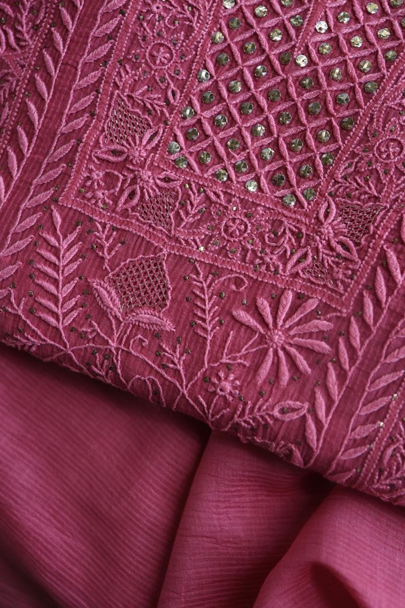Dark Pink Mal Cotton Fine Chikankari With Kamdani Work Unstitched Fabric