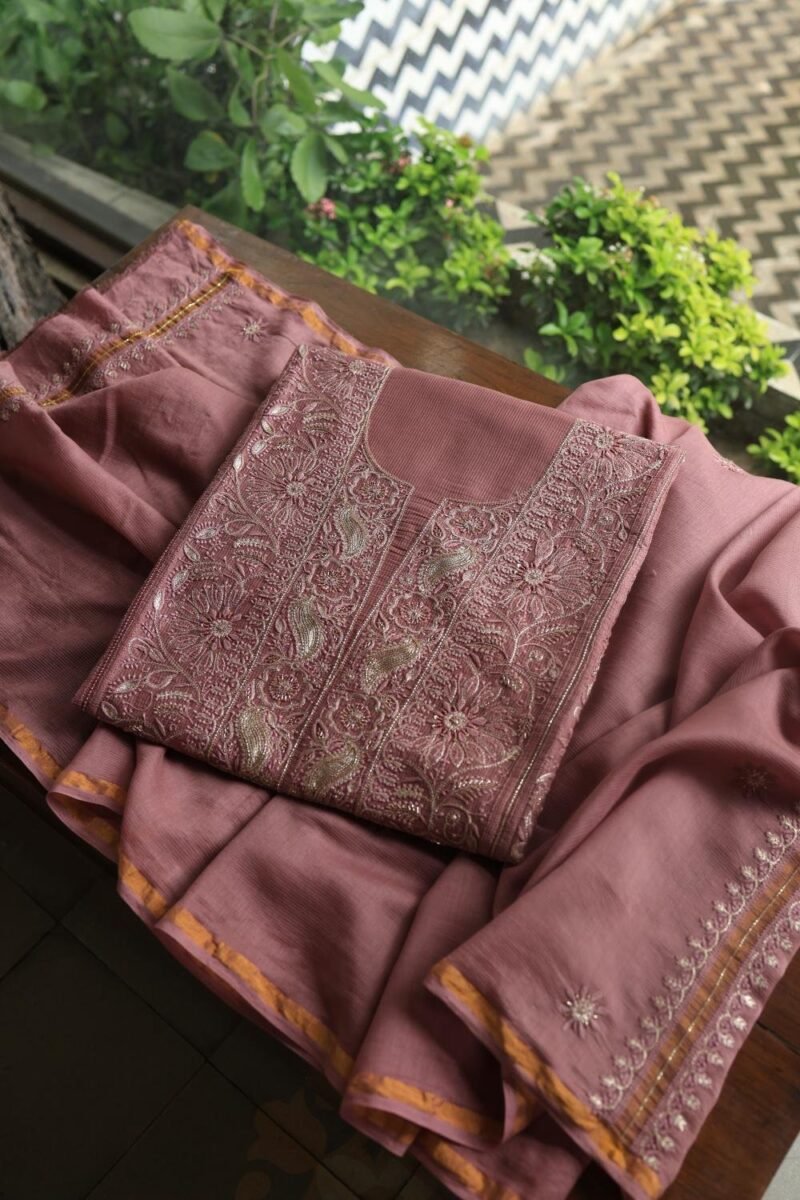 Deep Rose Shade Maheshwari Chikankari Unstitched Fabric