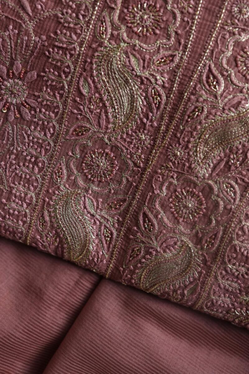 Deep Rose Shade Maheshwari Chikankari Unstitched Fabric