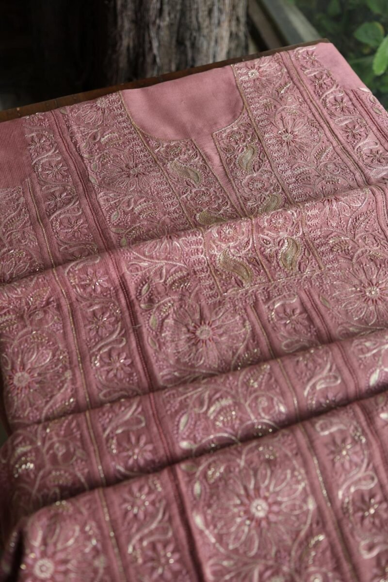 Deep Rose Shade Maheshwari Chikankari Unstitched Fabric