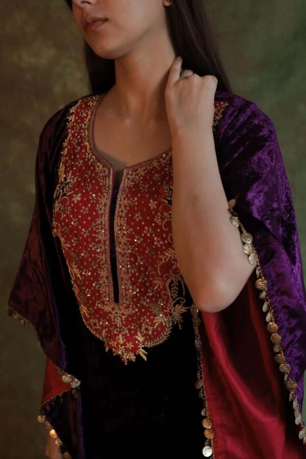 Deep Violet | Silk Velvet Zardosi Kaftan - Image 14