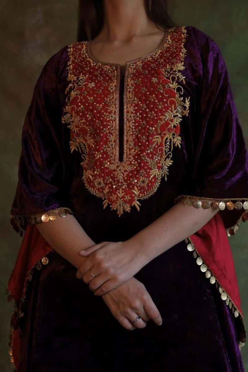 Deep Violet | Silk Velvet Zardosi Kaftan