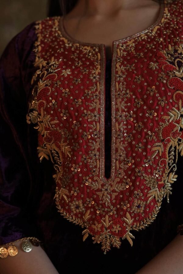 Deep Violet | Silk Velvet Zardosi Kaftan - Image 5