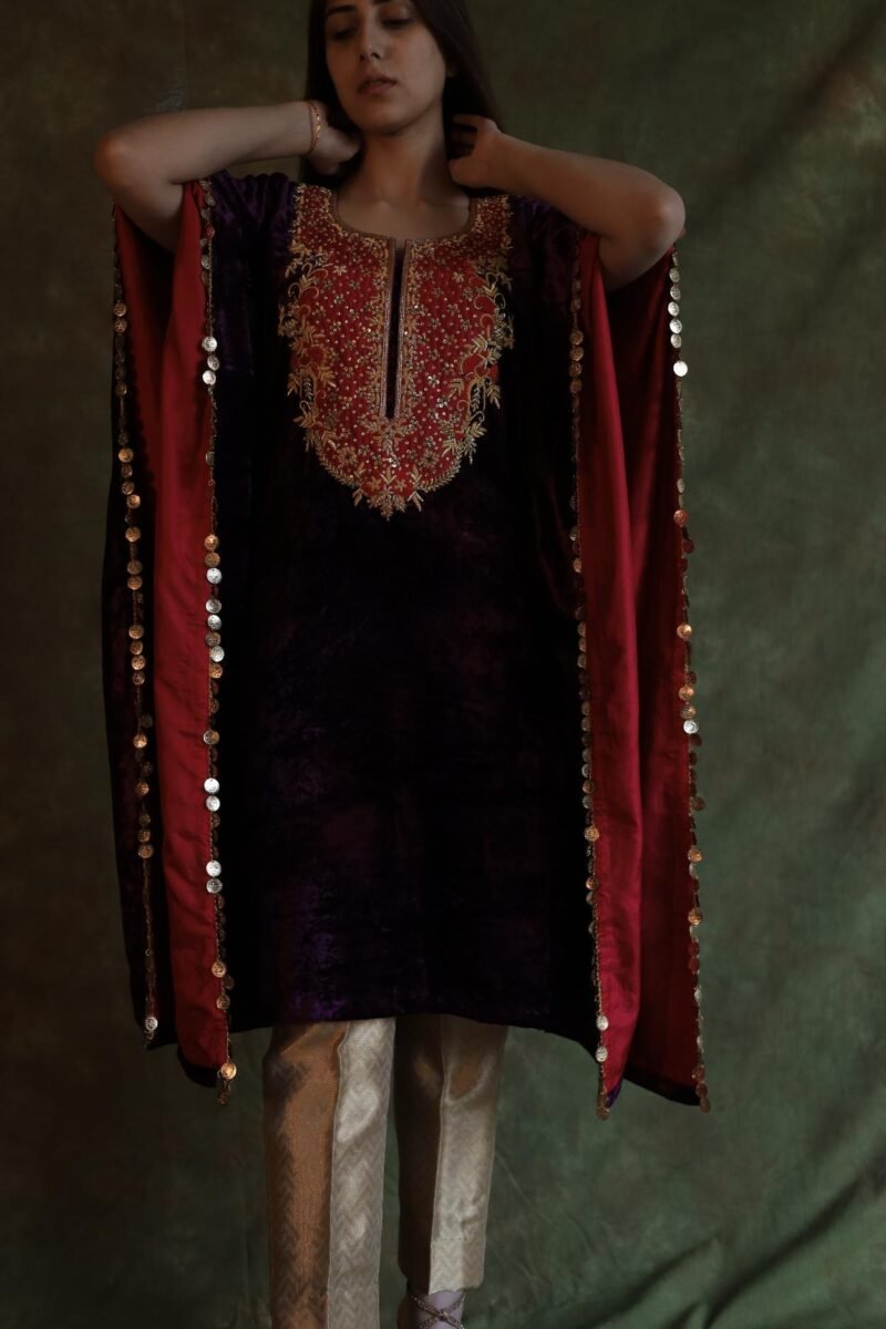 Deep Violet | Silk Velvet Zardosi Kaftan