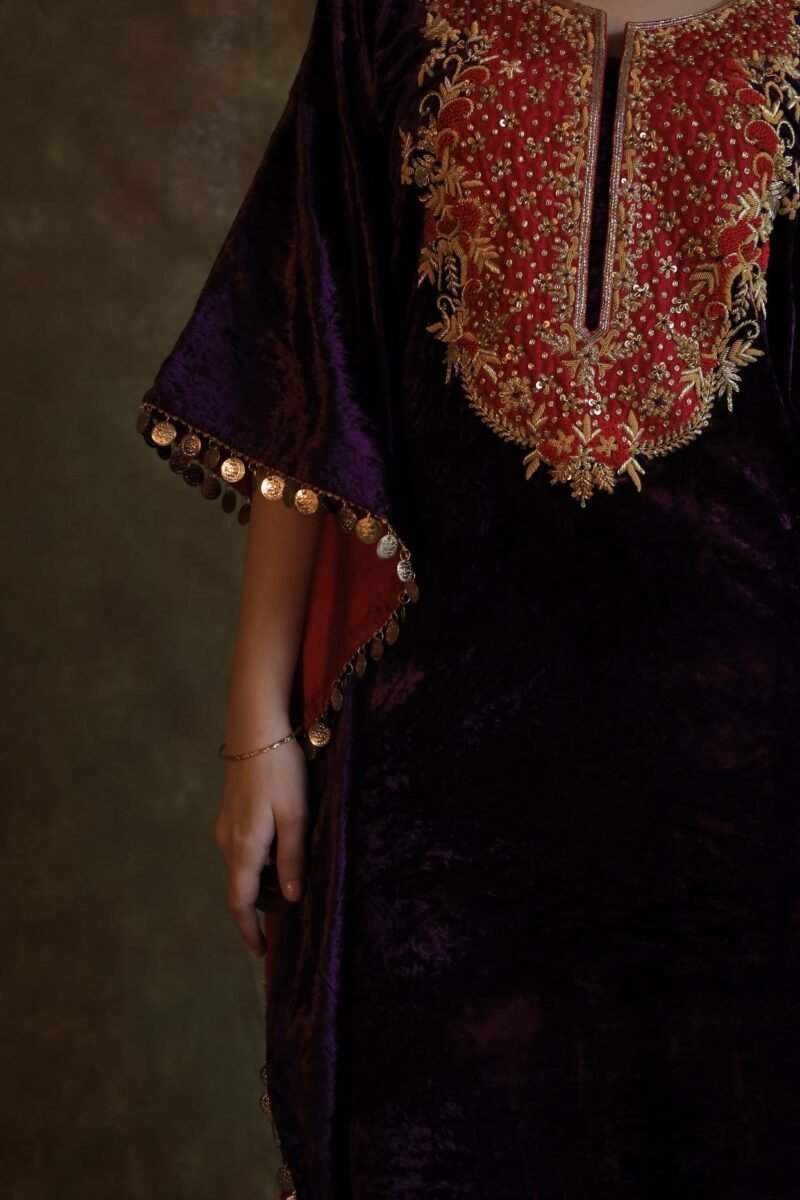 Deep Violet | Silk Velvet Zardosi Kaftan