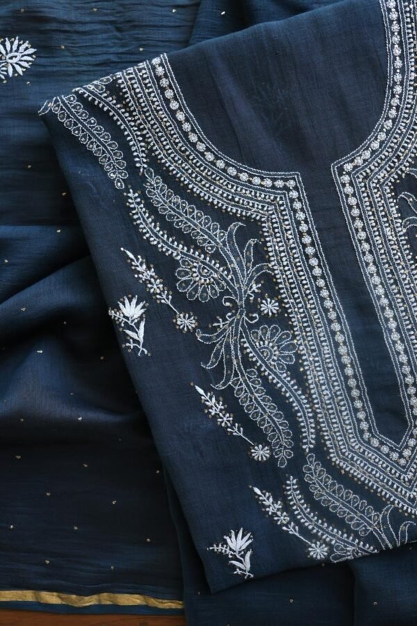 Denim Blue Mal Cotton Chikankari Unstitched Kurta Dupatta Fabrics With Kamdani - Image 3