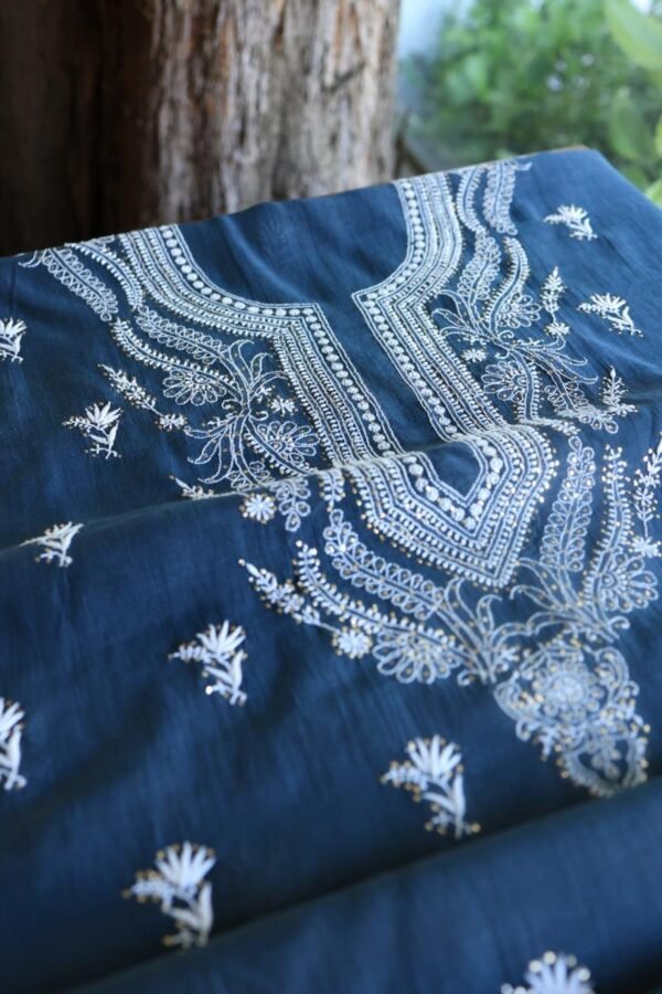 Denim Blue Mal Cotton Chikankari Unstitched Kurta Dupatta Fabrics With Kamdani - Image 15