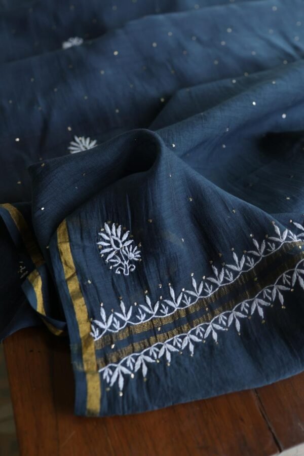 Denim Blue Mal Cotton Chikankari Unstitched Kurta Dupatta Fabrics With Kamdani - Image 14