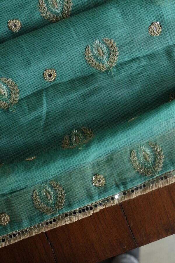 Green Handloom Kota Chikankari With Mirror Work Unstitched Kurta Dupatta Set - Image 15