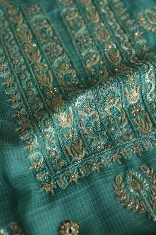 Green Handloom Kota Chikankari With Mirror Work Unstitched Kurta Dupatta Set - Image 8
