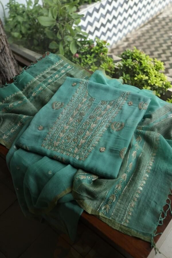 Green Handloom Kota Chikankari With Mirror Work Unstitched Kurta Dupatta Set - Image 11