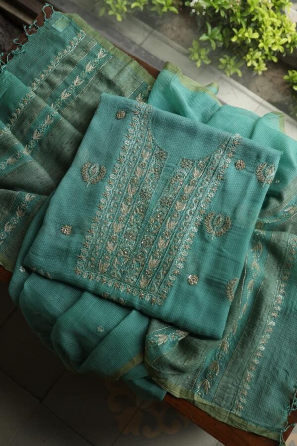 Green Handloom Kota Chikankari With Mirror Work Unstitched Kurta Dupatta Set - Image 16
