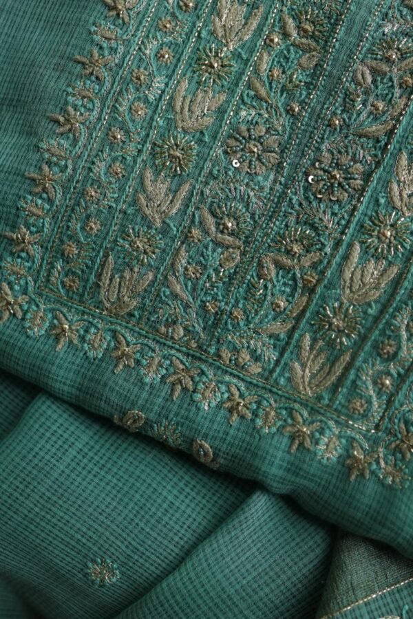 Green Handloom Kota Chikankari With Mirror Work Unstitched Kurta Dupatta Set - Image 2