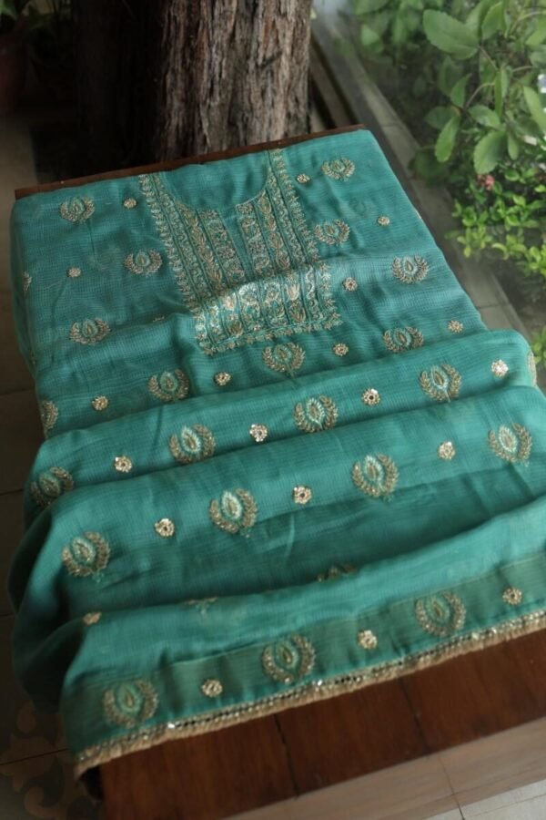 Green Handloom Kota Chikankari With Mirror Work Unstitched Kurta Dupatta Set - Image 4
