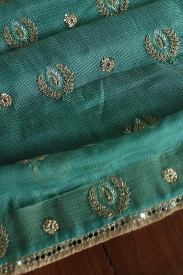 Green Handloom Kota Chikankari With Mirror Work Unstitched Kurta Dupatta Set - Image 5