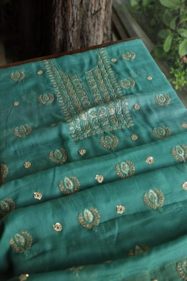 Green Handloom Kota Chikankari With Mirror Work Unstitched Kurta Dupatta Set - Image 6