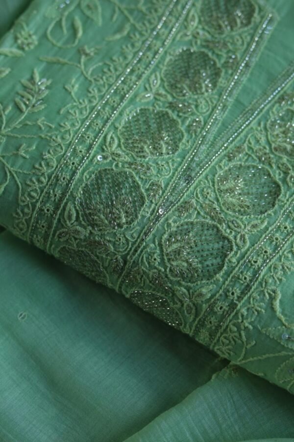 Green Mal Chanderi Silk Chikankari With Sequins Unstitched Kurta Dupatta Set - Image 2