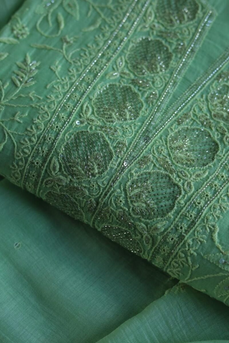 Green Mal Chanderi Silk Chikankari With Sequins Unstitched Kurta Dupatta Set