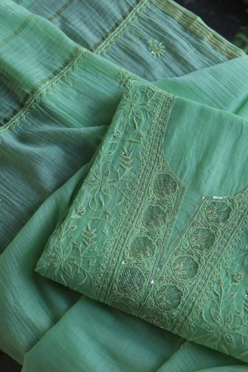 Green Mal Chanderi Silk Chikankari With Sequins Unstitched Kurta Dupatta Set