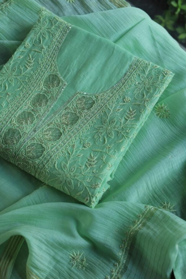 Green Mal Chanderi Silk Chikankari With Sequins Unstitched Kurta Dupatta Set - Image 15