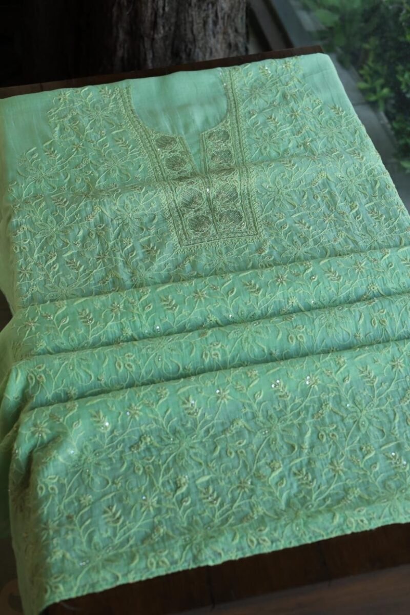 Green Mal Chanderi Silk Chikankari With Sequins Unstitched Kurta Dupatta Set