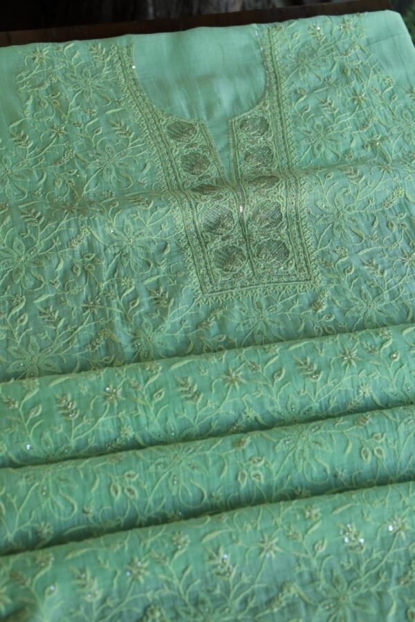 Green Mal Chanderi Silk Chikankari With Sequins Unstitched Kurta Dupatta Set - Image 6