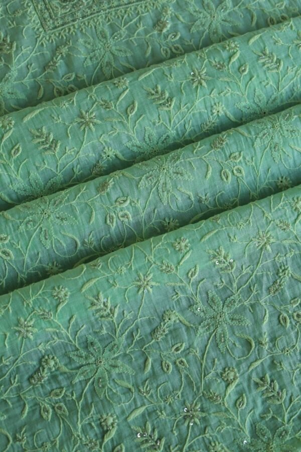 Green Mal Chanderi Silk Chikankari With Sequins Unstitched Kurta Dupatta Set - Image 7