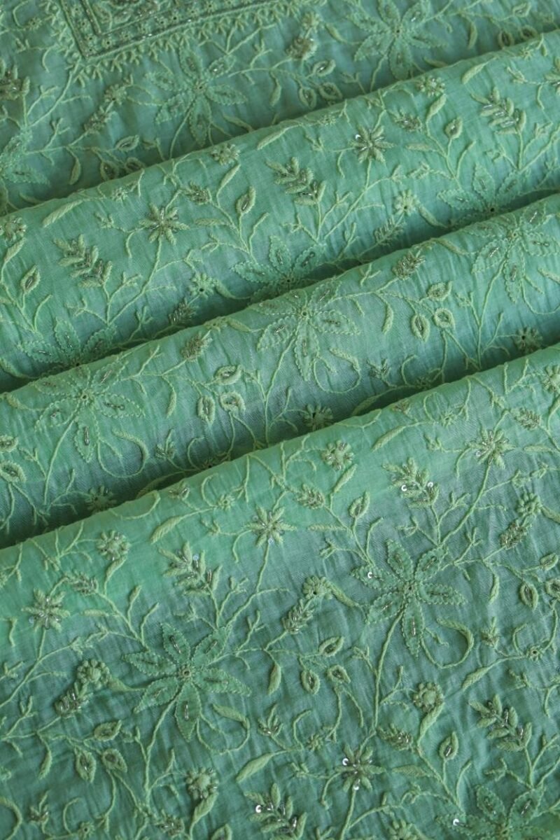 Green Mal Chanderi Silk Chikankari With Sequins Unstitched Kurta Dupatta Set