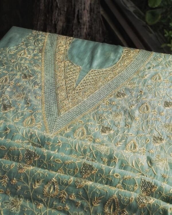 Green Mal Chanderi Silk Chikankari With Sequins Unstitched Kurta Dupatta Set - Image 7