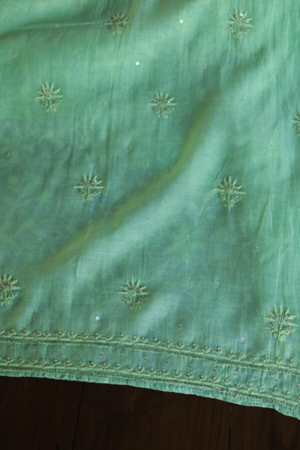 Green Mal Chanderi Silk Chikankari With Sequins Unstitched Kurta Dupatta Set - Image 9