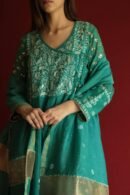 Teal Green Malmal Mukaish Kamdani Chikankari Stitched Angarkha Kurta Dupatta Set