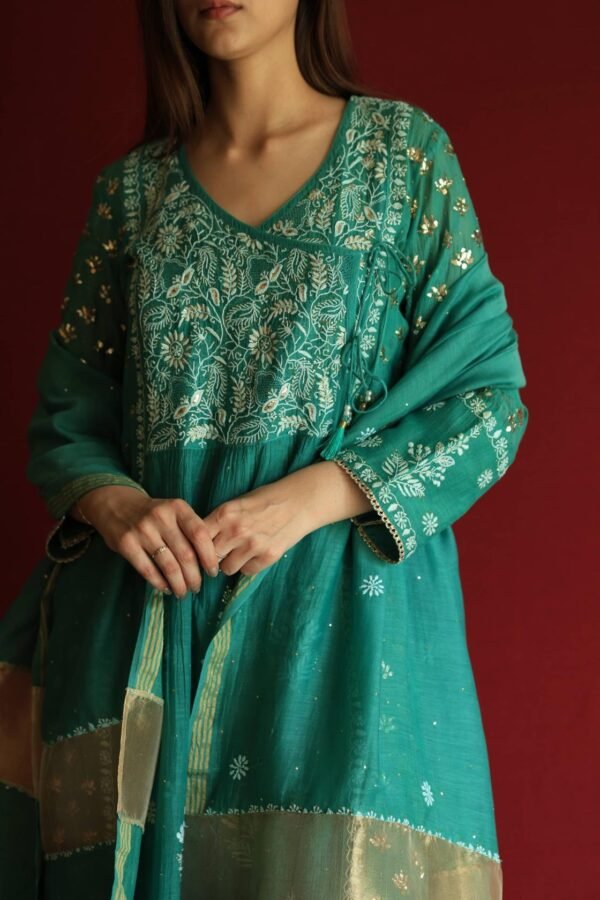 Teal Green Malmal Mukaish Kamdani Chikankari Stitched Angarkha Kurta Dupatta Set - Image 9
