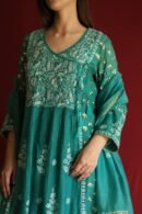 Teal Green Malmal Mukaish Kamdani Chikankari Stitched Angarkha Kurta Dupatta Set