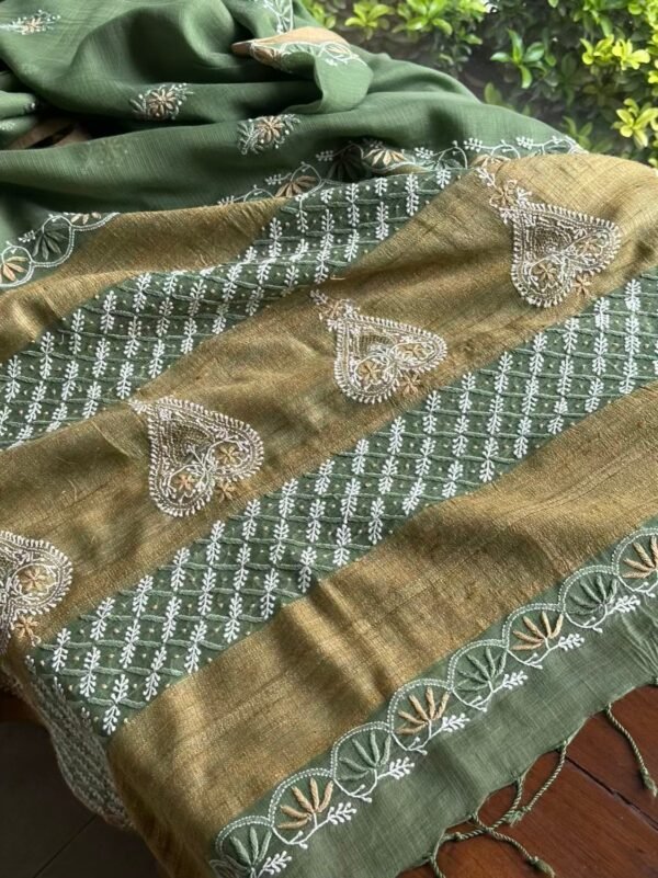 Green Silk Gheecha Palla Kota Chikankari Saree
