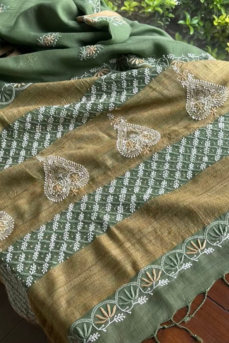 Green Silk Gheecha Palla Kota Chikankari Saree