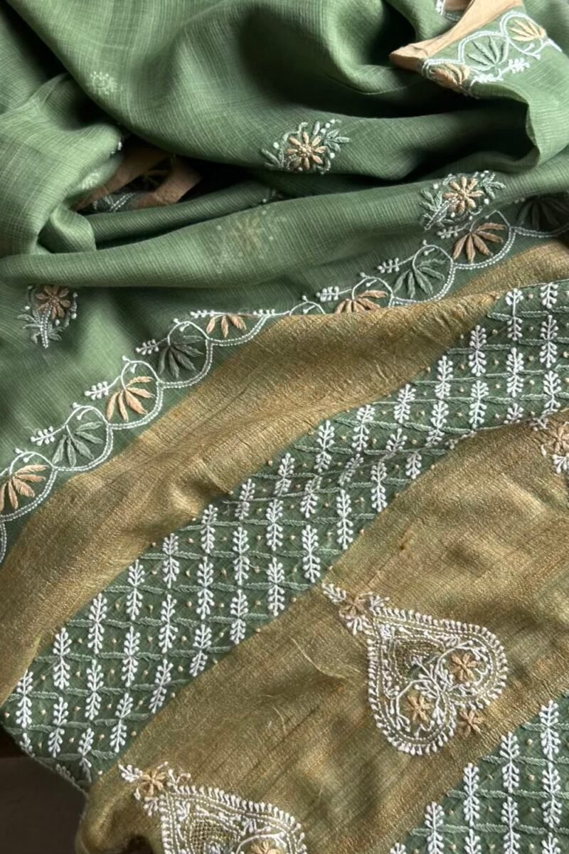 Green Silk Gheecha Palla Kota Chikankari Saree