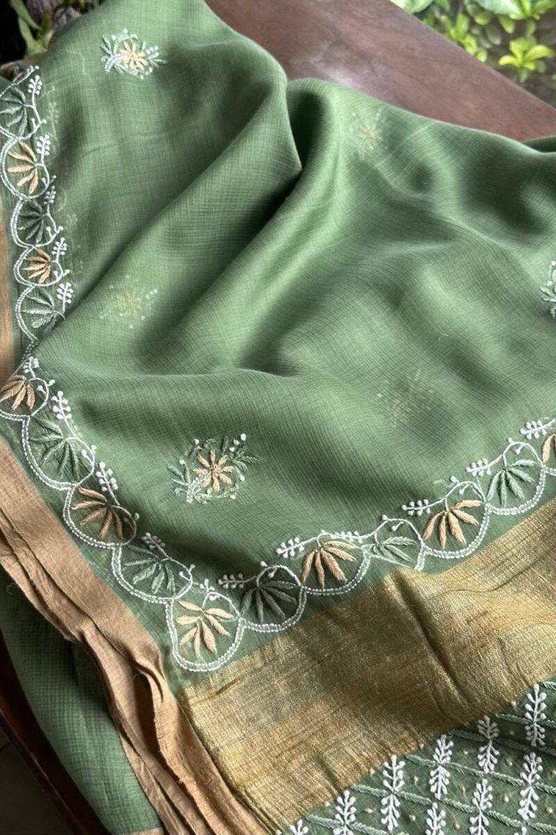 Green Silk Gheecha Palla Kota Chikankari Saree