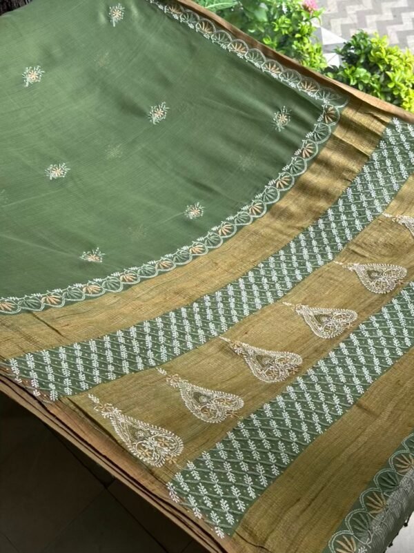 Green Silk Gheecha Palla Kota Chikankari Saree - Image 6