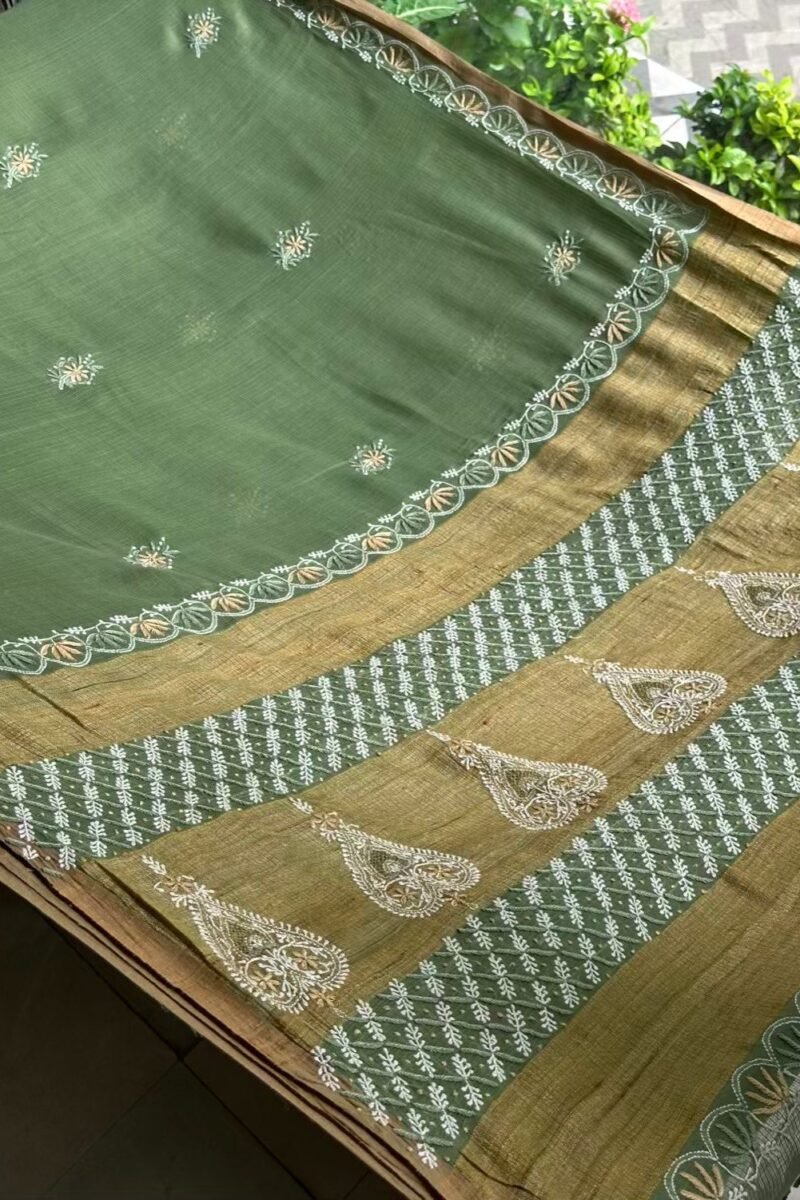 Green Silk Gheecha Palla Kota Chikankari Saree