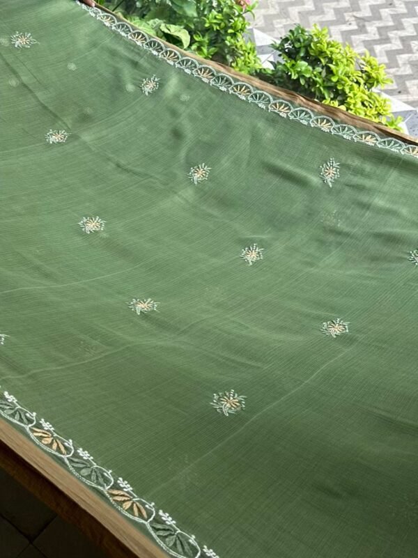 Green Silk Gheecha Palla Kota Chikankari Saree - Image 8
