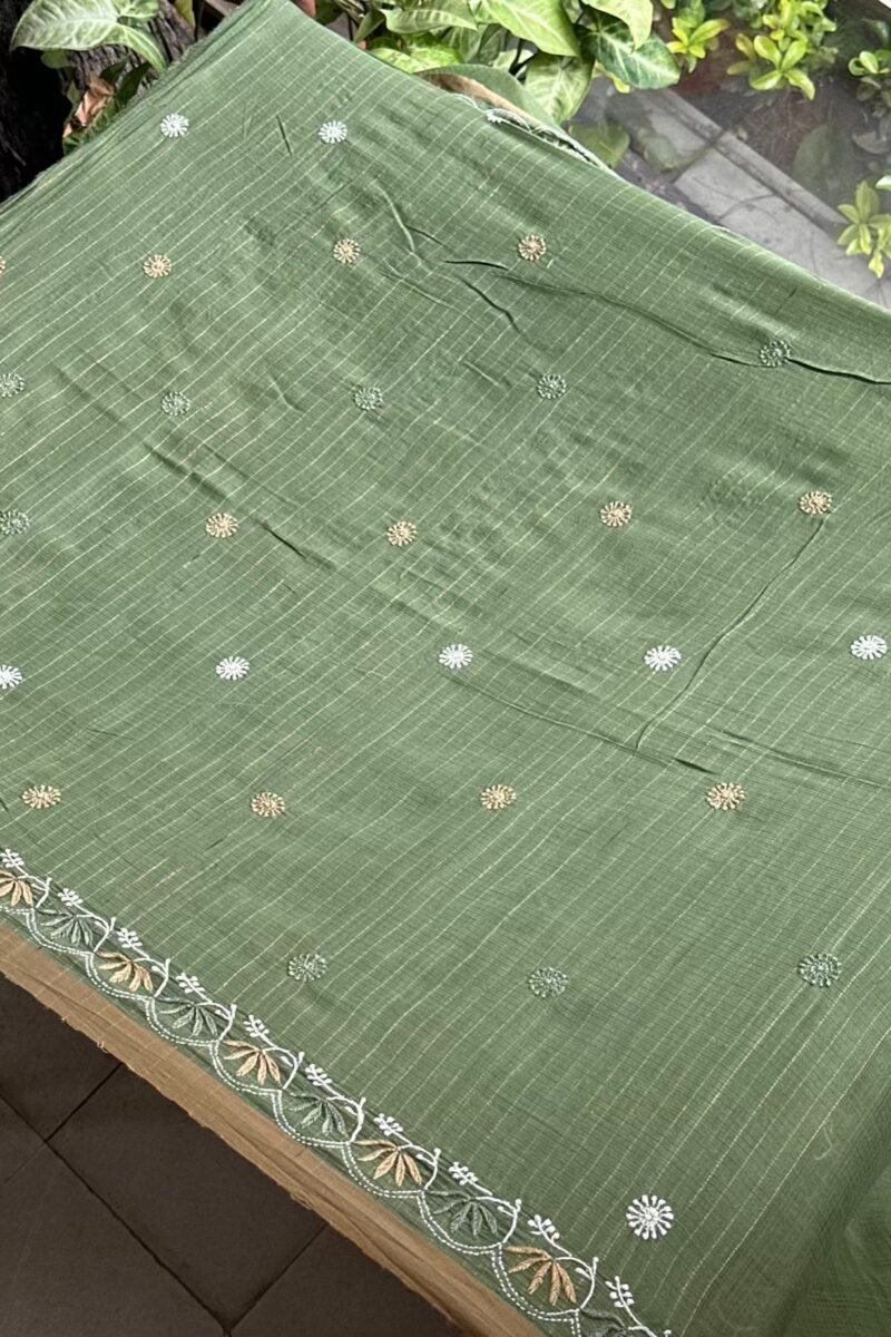 Green Silk Gheecha Palla Kota Chikankari Saree