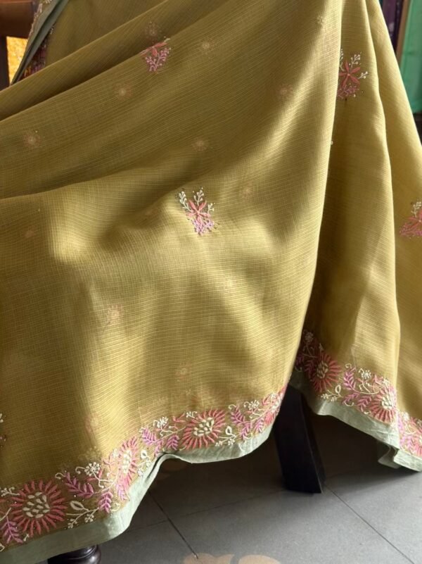 Green Silk Gheecha Palla Kota Chikankari Saree With Mukaish Kamdani - Image 2